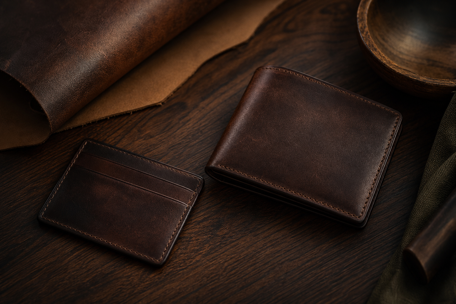 Petite maroquinerie en cuir, portefeuille et pièces discrètes, flat lay premium