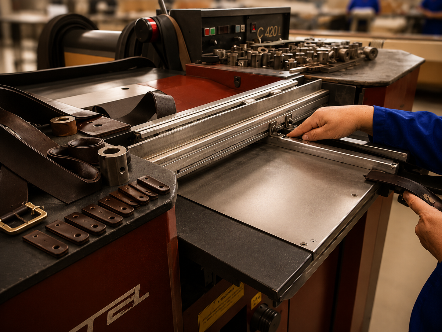 Machine industrielle de fendage du cuir dans l'atelier Starlight